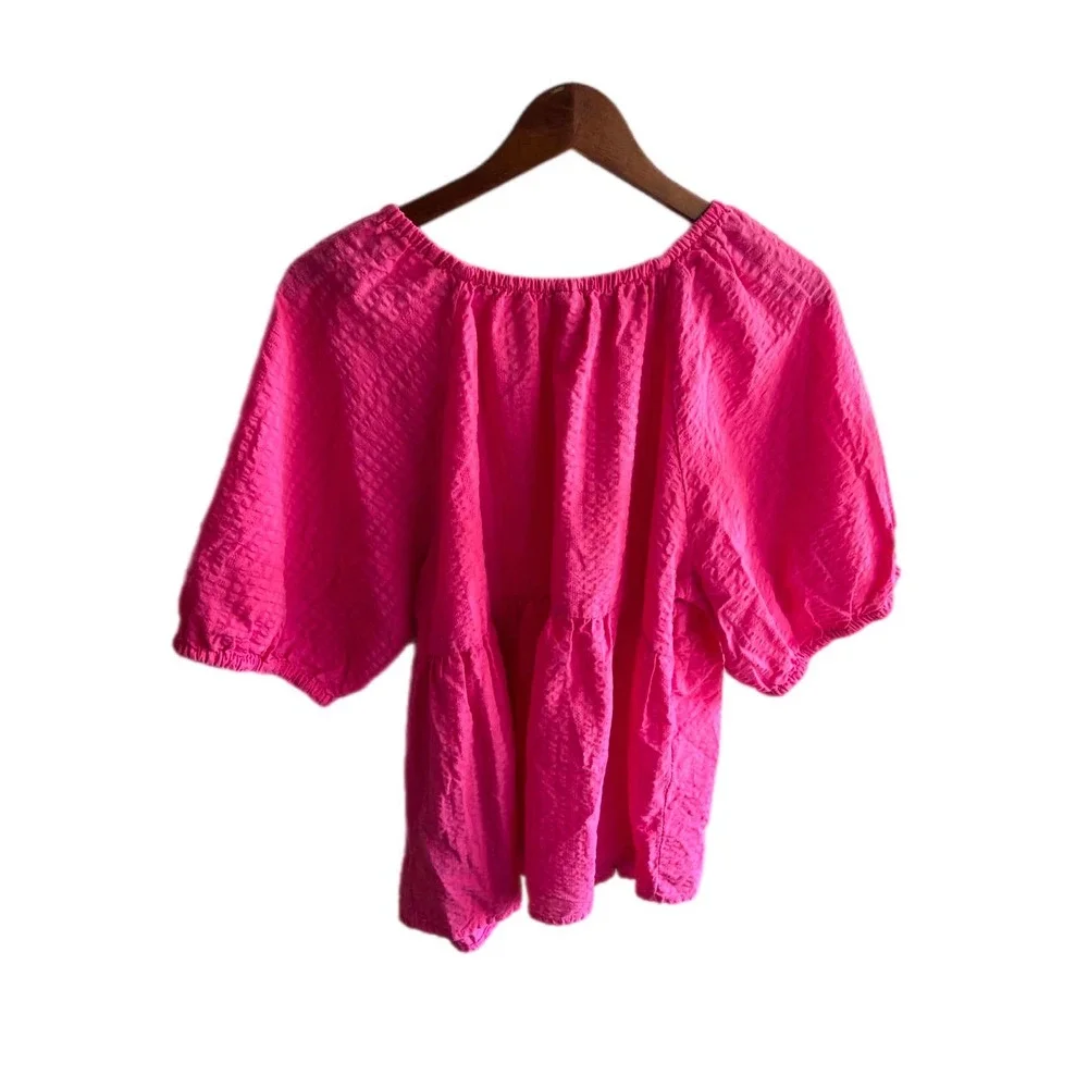 Old Navy Puff Sleeve Blouse Womens XL Tall Pink Excellent‎ Seersucker Babydoll